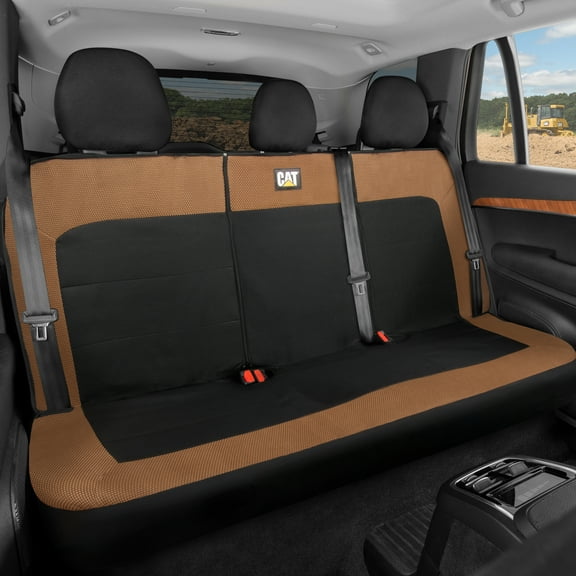 Cat Flexfit Rear Bench Seat Cover for Car Truck SUV, Durable Canvas Mesh Design, 60/40 Split Bench Auto Protector, Beige & Black