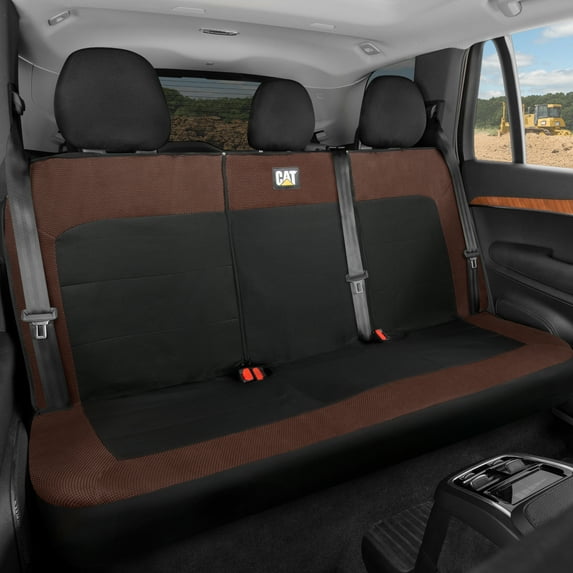 Cat Flexfit Rear Bench Seat Cover for Car Truck SUV, Durable Canvas Mesh Design, 60/40 Split Bench Auto Protector, Brown & Black