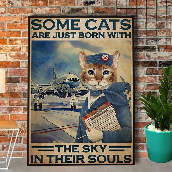 Cat Flight Attendant The Sky Airplane Vintage Paper Poster No Wall Art Home Decor Vintage Art Print Cute Birthday Gift Wall Art