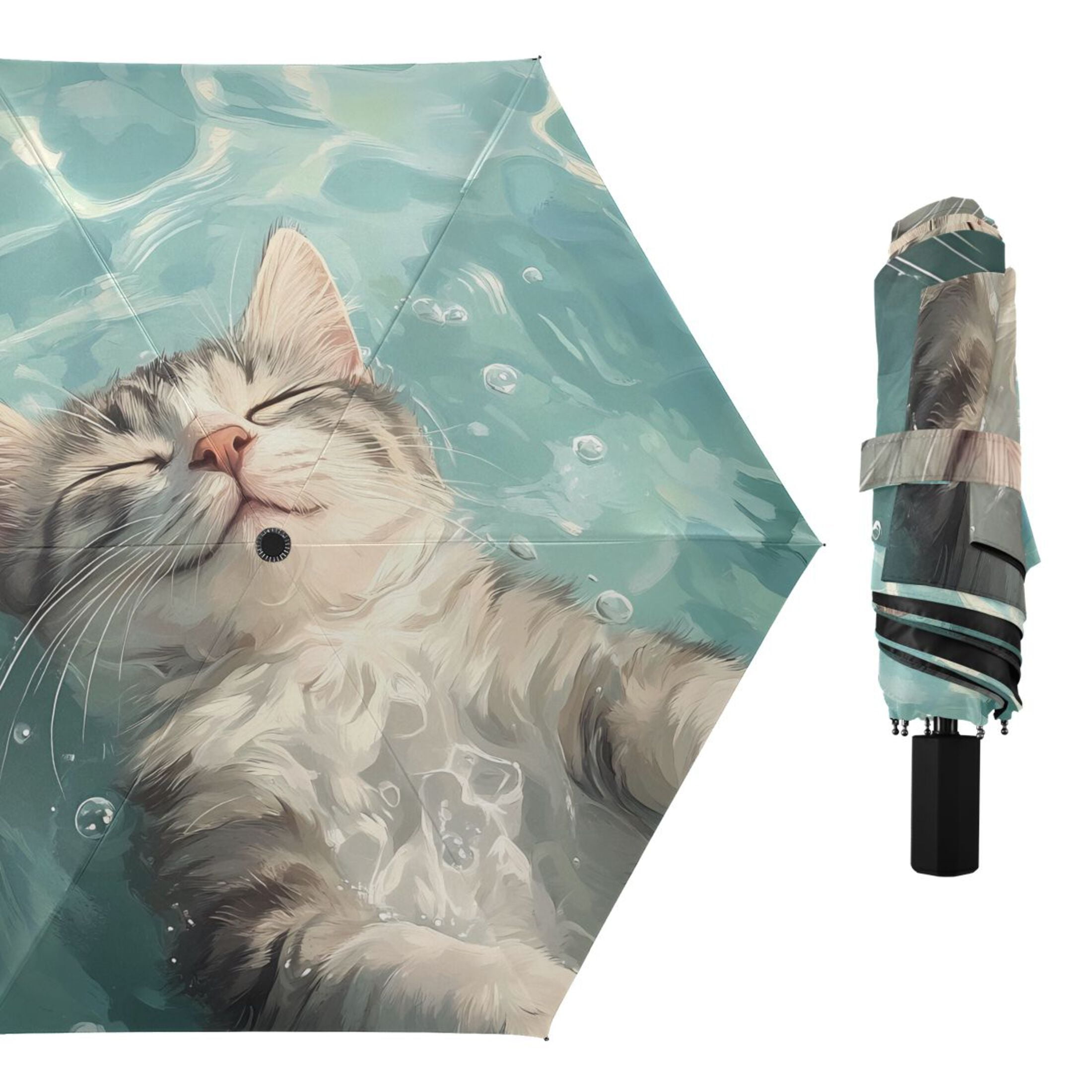 Cat Floating in Water Compact Sun Umbrella Windproof Travel Umbrellas for Rain Strong Portable UV Protection