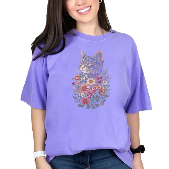 Cat Floral Art T-Shirt, Whimsical Cat Lover Gift Tee, Unique Feline Design Shirt, Detailed Floral Graphic, Vibrant Garden Cat Top, Violet Comfort Colors T-Shirt, 3XL