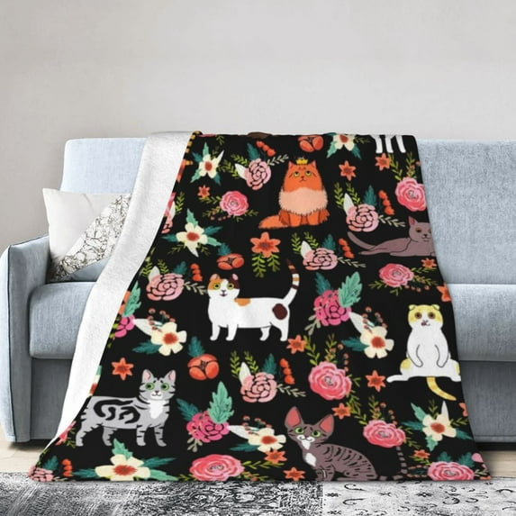 Cat Floral Blanket Gifts For Kids Adults - Lightweight Throw Blanket For Bedroom Living Room Decor Soft Fuzzy Fleece Cozy Plush Bed Couch 40"X30"
