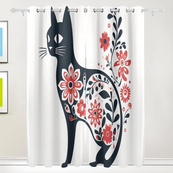 Cat Floral Flowers Black Out Curtains 84 Inch Length Curtains for Sliding Glass Doors Bedroom Living Room 2 Pack