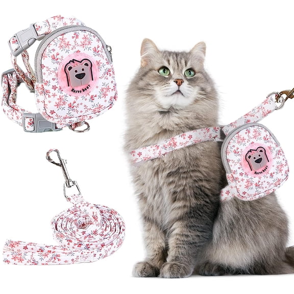Cat Floral Harness Leash Set Cute Puppy Harness with Reflective Bag Adjustable Soft Harness Fit Puppy Kitten Rabbit Outdoor