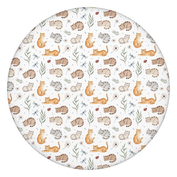 Cat Floral Insect White Pattern Round Elastic Tablecloth, 36-44 Inch Waterproof, Machine Washable, Indoor & Outdoor Use