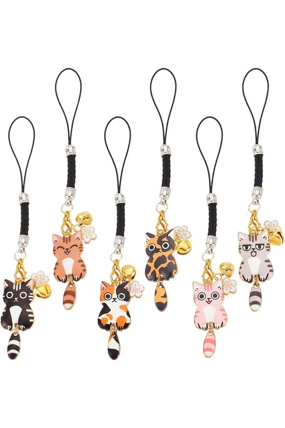 Cat & Flower Alloy Enamel Pendant Decoration with Nylon Cord Loops and Iron Bell Charms Mixed Color 125mm 6 colors 1pc/color 6pcs/set