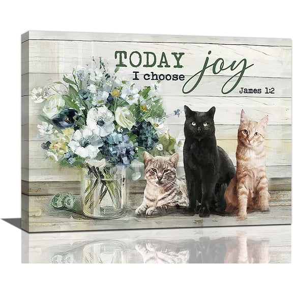 Cat Flower Bathroom Wall Art Farmhouse Floral Kitty Pictures Rustic Cats Decor Canvas Painting Modern Decorations Framed Artwork for Bathroom Living Room Kitchen Bedroom 16"x12"