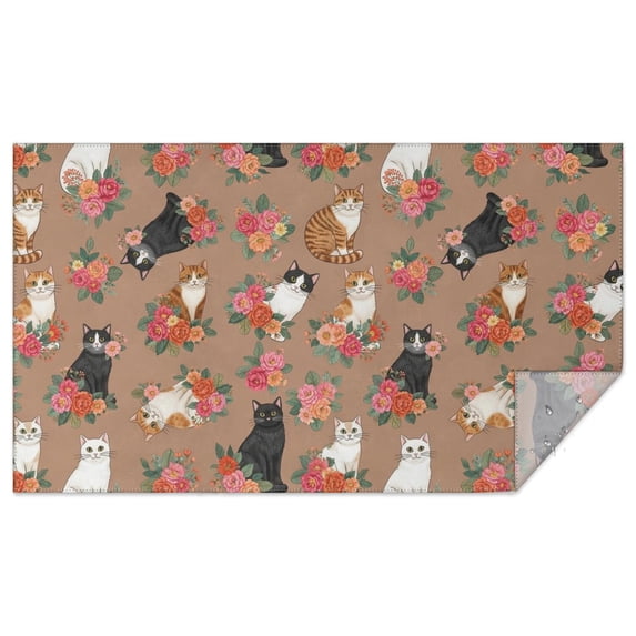 Cat and Flower Brown Pattern Waterproof Tablecloth, Rectangular Outdoor ...