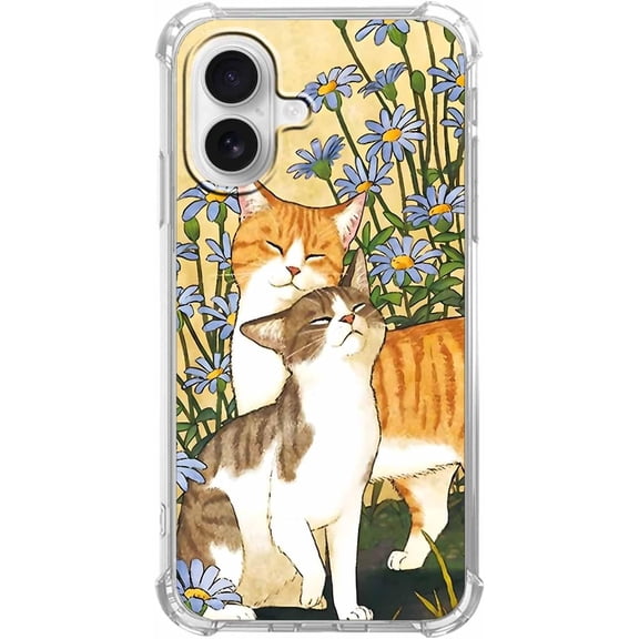 Cat Flower Case for iPhone 16 Plus, Aesthetic Cute Animals Pattern, Soft TPU Full Cover Case for iPhone 16 Plus