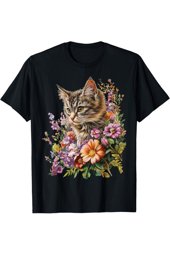 Cat Flower Floral Cute Kitten Graphic T-Shirt Cute Short Sleeve All Size S-5Xl