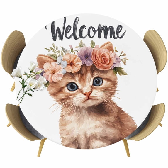 Cat Flower Floral Round Tablecloth 55-60 Inch Round Fitted Table Cloth with Elastic Edge, Watercolor Wildflowers Blooms Spring Waterproof Table Cover Protector for Outdoor Picnic Party Dining