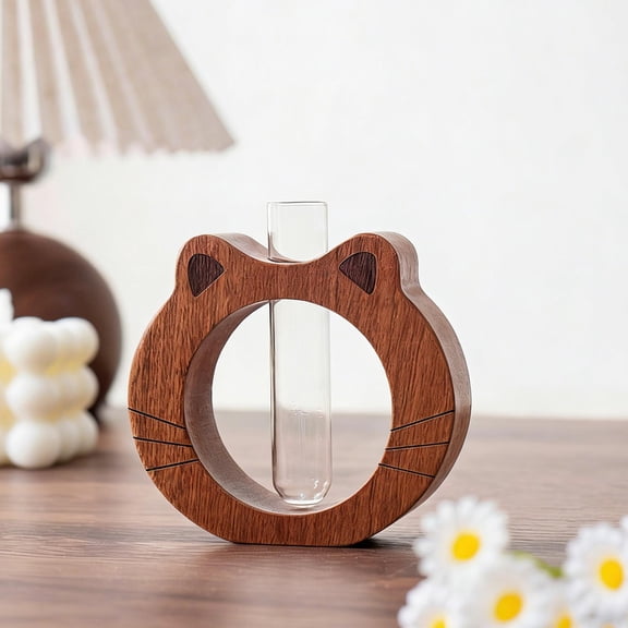 Cat Flower Holder Wooden Vase, Rvkxad Adorable Cat-Shaped Mini Vase Transparent Glass Hydroponic Container, Cute Living Room Tabletop Decorative Ornament For Fresh Water-Grown Flowers