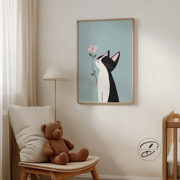 Cat And Flower Nursery Wall Art, Minimalist Nursery Print, Trendy Wall Art, Girls Room Decor, Cute Animal Art, Whimsical Cat Print, Home Decor #869, Stretched Canvas Size 16x24
