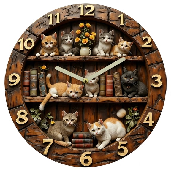 Cat and Flower Pattern Wall Clock - 10 Inch Non-Ticking Clocks Flat Printing Round Wall Hanging Clock Battery Operated for Bedroom Living Room Kitchen Office (A)