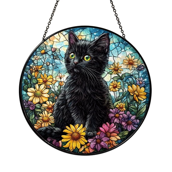 Cat Flower Round Glass Suncatcher Black Cat Art Window Hanging Kitty ...