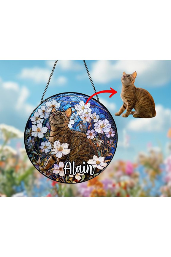 Cat Flower Stained Glass Art Acrylic Ornament, Pet Portrait Lightcatcher Window Hangings, Loss Of Dog Cat Gifts, Pet Memorial Sympathy Remembrance