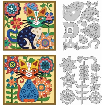 Cat & Flower Theme Carbon Steel Cutting Dies Stencils for DIY Scrapbooking Photo Album Decorative Embossing Paper Card 82~92x106~108x0.8mm 2pcs/set