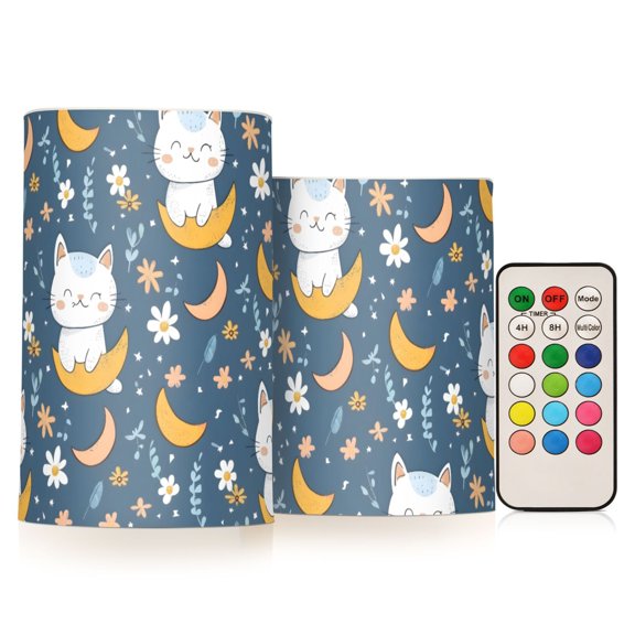 Cat Flower and Moon Flameless LED Candle Set with Remote, Battery Operated Color Changing Pillar Candles, Set of 2