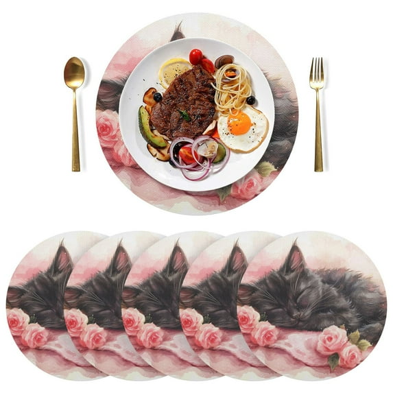 Cat Flowers Black Round Placemats Plate Mats 15 Inch Non-Slip Heat Resistant Washable PVC Set Indoor for Kitchen Dining Table 4PCs