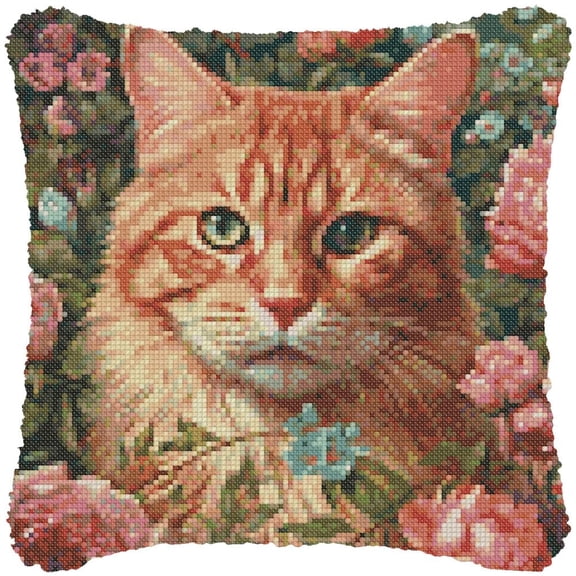 Cat & Flowers Cross-Stitch Pillow DIY Kit Fully Openable Zipper Design Pillowcase 11CT Counted Needlepoint Handmade Cushion Pre-Printed Pattern Eco-friendly Cotton and Linen 45x45cm