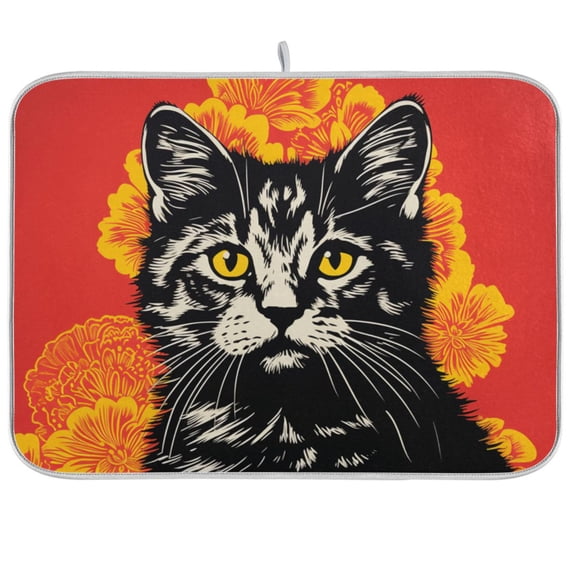 Cat Flowers Dish Drying Mat Dish Drainer Rack Mats Water Absorbent Non-Slip Easy Clean Heat Resistant for Kitchen Counter