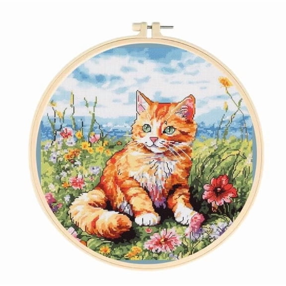 Cat and Flowers Easy Cross Stitch Kits for Starter Kits DIY 11CT Pre-printed Stamped Patterns Embroidery Cross Stitching Needlework Kit Set Supplies with Hoop 35x35cm (a93)