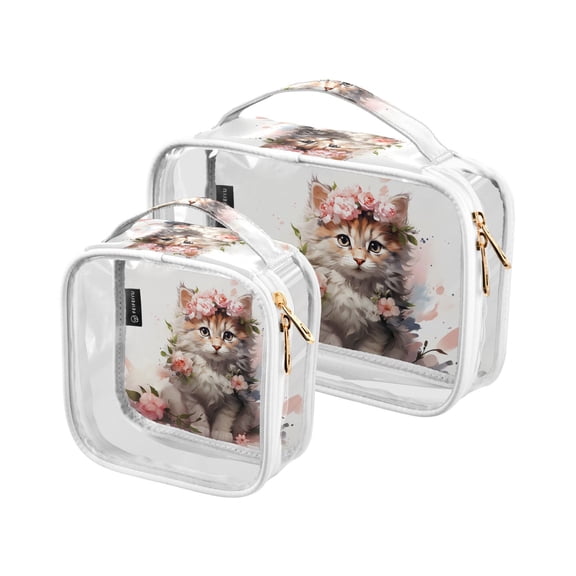 Cat Flowers Floral Clear Cosmetic Bags with Handles PVC Toiletry Bags Zipper Waterproof Portable for Traveling 2 Pcs