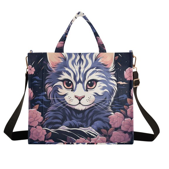 Cat Flowers Floral Corduroy Tote Bag Handbag Large Messenger Bag Shoulder Crossbody Zipper Bag Purse