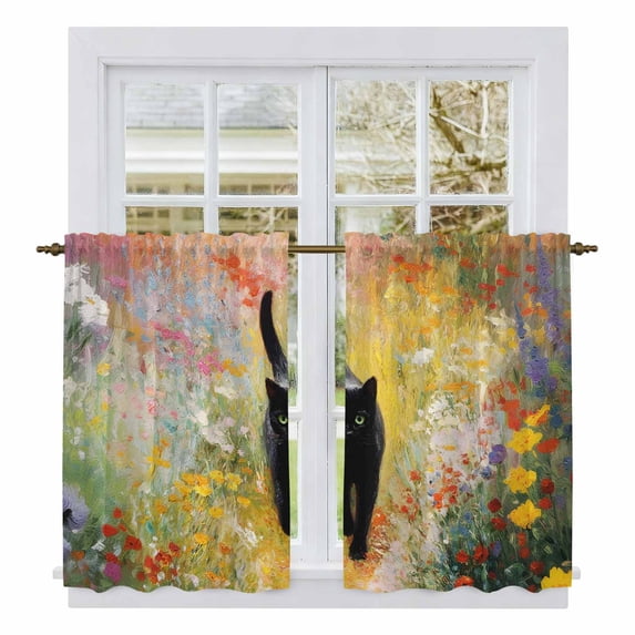 Cat Flowers Kitchen Curtains 54 Inch Length, Modern Oil Painting Farmhouse Art Tiers Curtains for Bathroom Bedroom Cafe, Light Filtering Small Window Treatment Short Tiered Drapes 2 Panels 42"Wx54"L