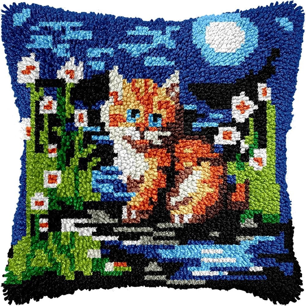 Cat & Flowers Latch Hook Kits Pillow kits Cushion Throw Pillow Embroidery Craft Kits DIY Kits of DIY Hooking Pillowcase Cover Supplier with Color Printed Canvas 43x43cm (97)