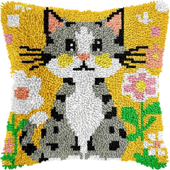 Cat & Flowers Latch Hook Pillow Kits DIY Pillowcase Crochet Hook Cushion Making Kits with Preprinted Pattern Canvas Instruction Yarns Pillow Cover Easy Starter DIY Kits 43x43cmk166)