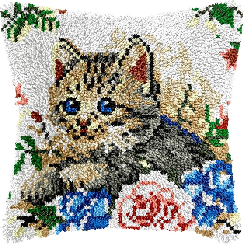 Cat & Flowers Latch Hook Pillow Kits Pillow Cover Latch Hook Crafts Crochet Knitted Hooking Pillowcase Cushion Crafts Embroidery Latch Hooking Kits Material Set 17x17 inch(214)