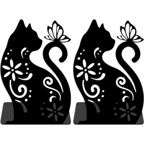 Cat Flowers Metal Bookends for Shelves Decorative 1 Pair Animal Heavy Duty Books End Support Non-Skid Book Holder Black L-Shaped Book Stopper for Home Office Desk Book Divider 4.7x3.5x7 Inch