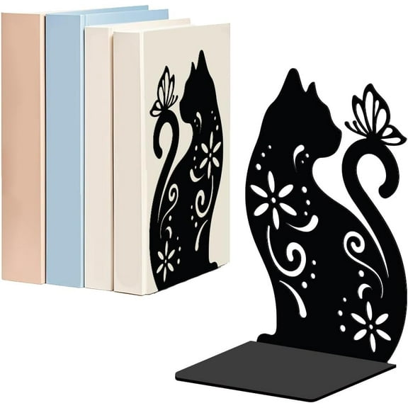 Cat Flowers Metal Bookends for Shelves Decorative 1 Pair Animal Heavy Duty Books End Support Non-Skid Book Holder Black L-Shaped Book Stopper for Home Office Desk Book Divider 4.7x3.5x7 Inch Black
