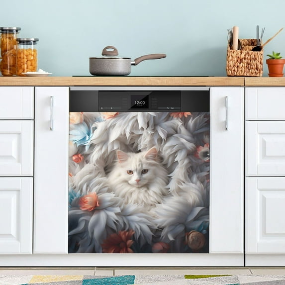 Cat Flowers White Dishwasher Magnetic Covers Magnet Sticker Kitchen Decor Dishwasher Refrigerator Front Door Covers Decorative Magnetic 23" x 26"
