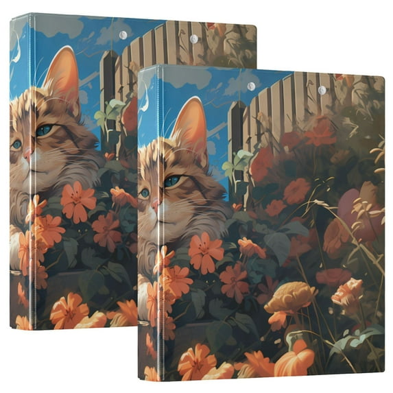Cat Flowers and Sky 3 Ring Binders 1.5 inch Hardcover File Folders with Interior Pockets A4 Size Organizer for School Office Hospital Set of 2