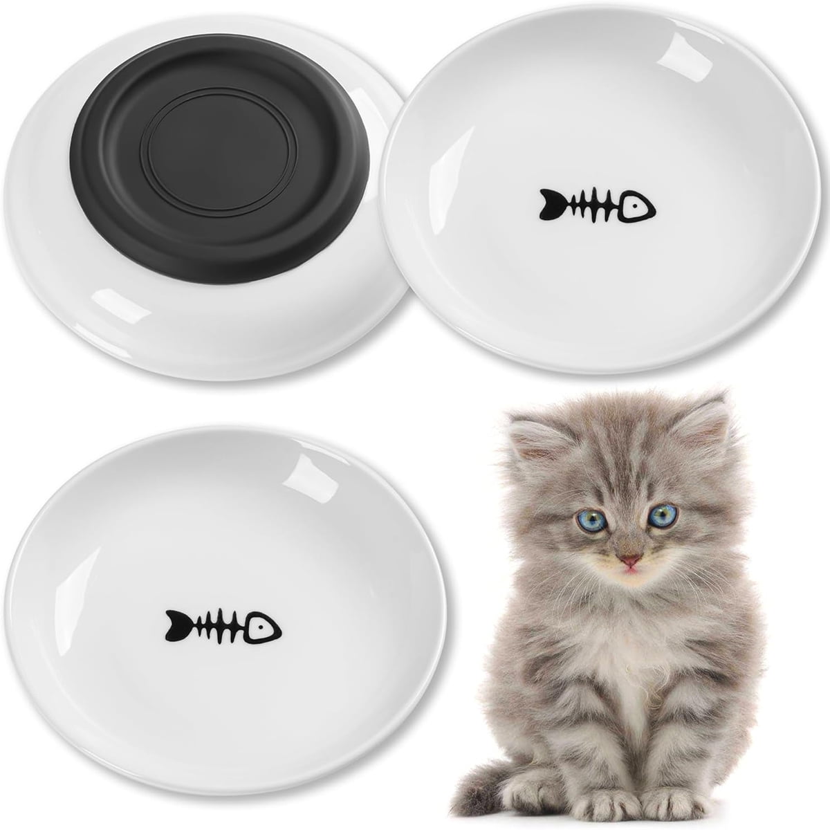 Whisker-Friendly White Ceramic Cat Bowls with Paw Design, Set of 3