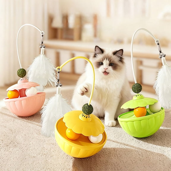 Cat Food Dispenser Toy with Feather Teaser and Bells, Interactive Roly Poly Tumbler for Indoor Cats, Self-Play Exercise and Boredom Relief