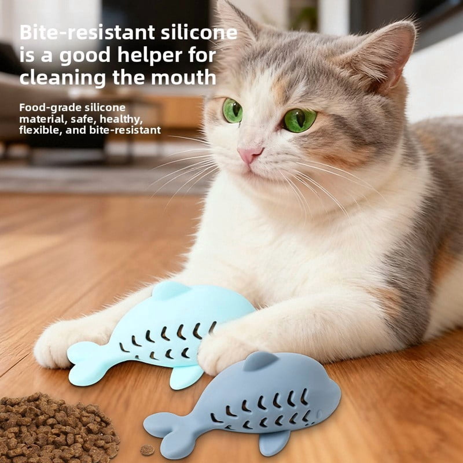 Cat Food Dispensing Durable Chew Toy Silicone Cute Fish Pet Toy Self-Entertainment Teasing Cat Teething Toy, 3 Gray
