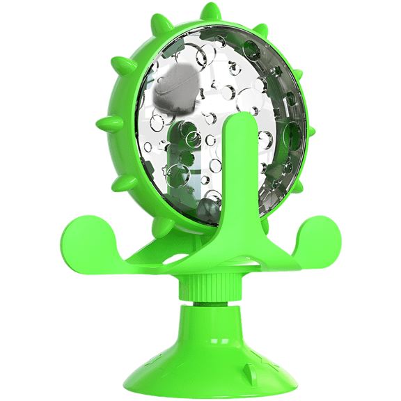 Cat Food Leakage Toy, Windmill Treat Dispensing, Interactive Kitten Slow Feeder with Suction Cup Base, Rotating Wheel, Plastic Material, 6.4 x 5.4 x 2.9 in, Interactive Cat Puzzle Food Toy, Green