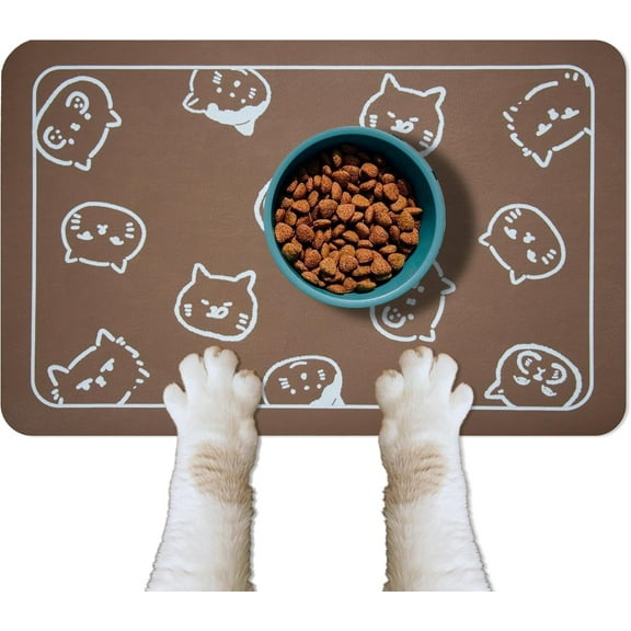 Cat Food Mat for Pet Dog Food Mat, Cat Mat for Food and Water, Cat Feeding Mat Pet Dog Cat Bowl Mat, Non-Slip Super Absorbent, with Multiple cat Heads Logo，18.1 x 11.8 inches, Dark Grey