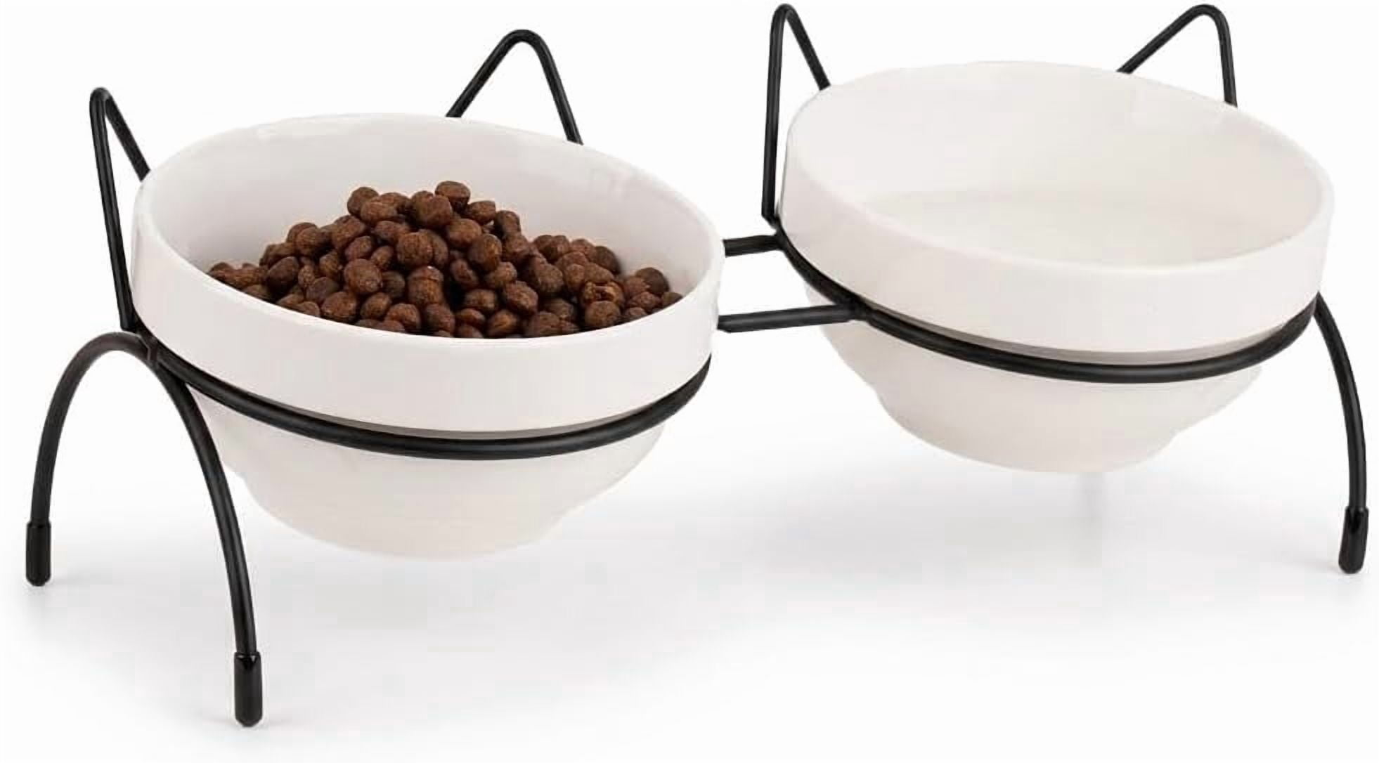 Cat Food Water Bowl Set, Double Ceramic Pet Bowls with 15°Tilted Raised Stand, Elevated Feeding Station with Two Removable Bowls, Raised Cat Bowl, Anti Vomiting Pet Dish Feeder, Kitten and Small Dogs