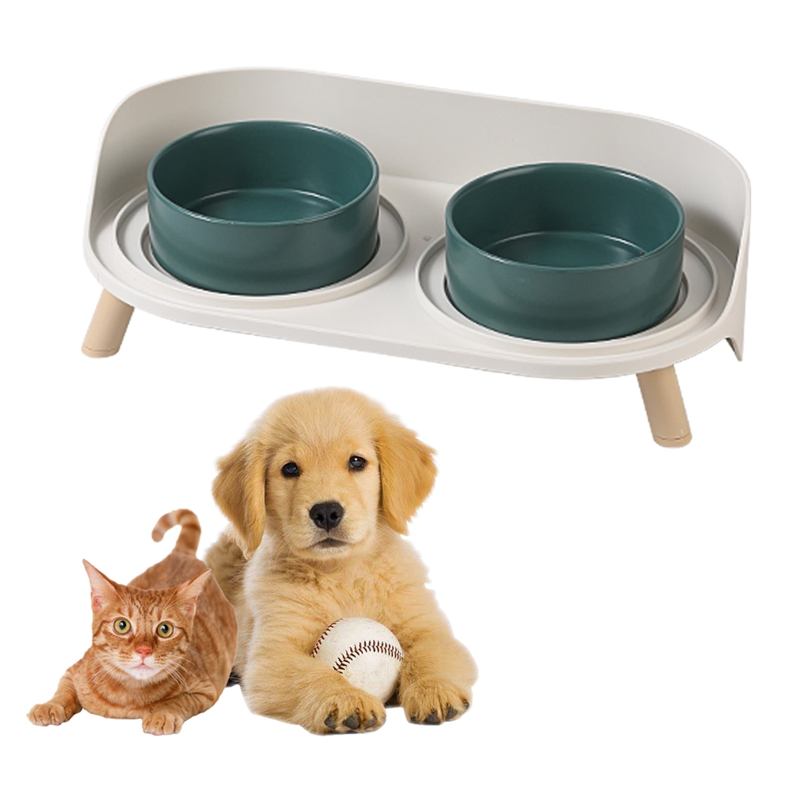 Cat Food Water Bowl Set - Raised Cat Bowls with Non Slip Stand - Elevated Puppy Bowls - Double Ceramic Cat Feeding Bowls - 2 x 480 ML - 16.23 OZ - Green