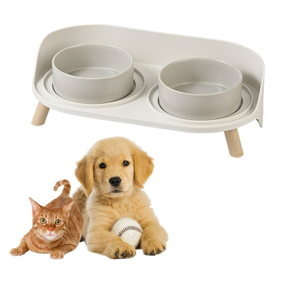 Cat Food Water Bowl Set - Raised Cat Bowls with Non Slip Stand - Elevated Puppy Bowls - Double Ceramic Cat Feeding Bowls - 2 x 480 ML - 16.23 OZ - Grey