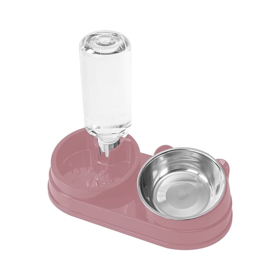 Cat Food and Water Bowl Set, Stainless Steel Raised Cat Bowl with Automatic Water Bottle for Cats, 2 in 1 Pet Feeding Station for Wet/Dry Food (Pink)