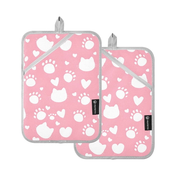 Cat Footprint Silhouette Pattern Pot Holder Set 2 Piece Non-Slip Oven Hot Pads Heat Resistant Durable 7x9.8in