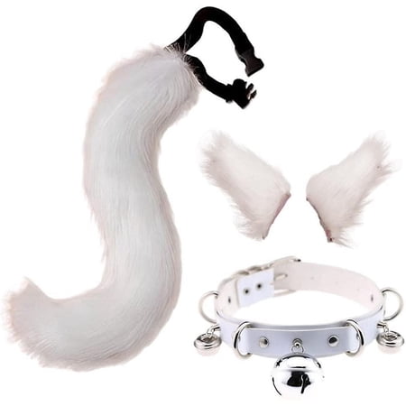 Cat Fox Ears Headband With Tail Set , Bell Choker Pu Leather Collar Halloween Cosplay Kit , White