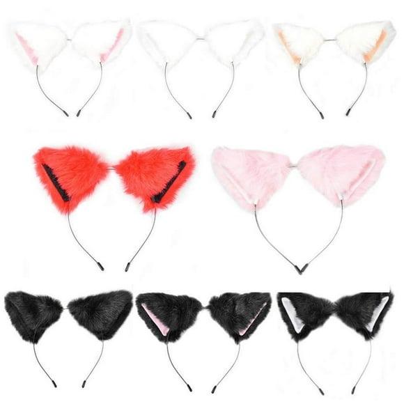 8 Cat Fox Hairy Ear Headbands - Fluffy Black Faux Fur, Pink Inner Ears, Cute Furry Cosplay Female, Anime Costume Accessories, Halloween, Carnival Party