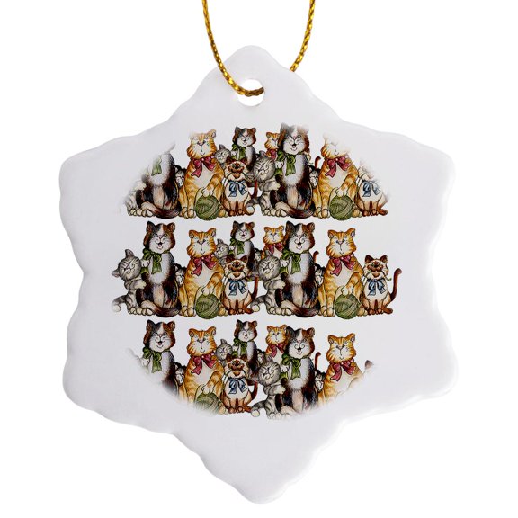 3drose, Cat Friends Cartoon Pattern, 3 inch Snowflake Porcelain Ornament