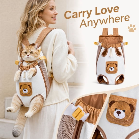Cat Front Carrier Backpack Cute Bear Hands Free Travel Bag for Small Dogs | Breathable chest carry design with adjustable fit secure buckles and legs out support for daily outings